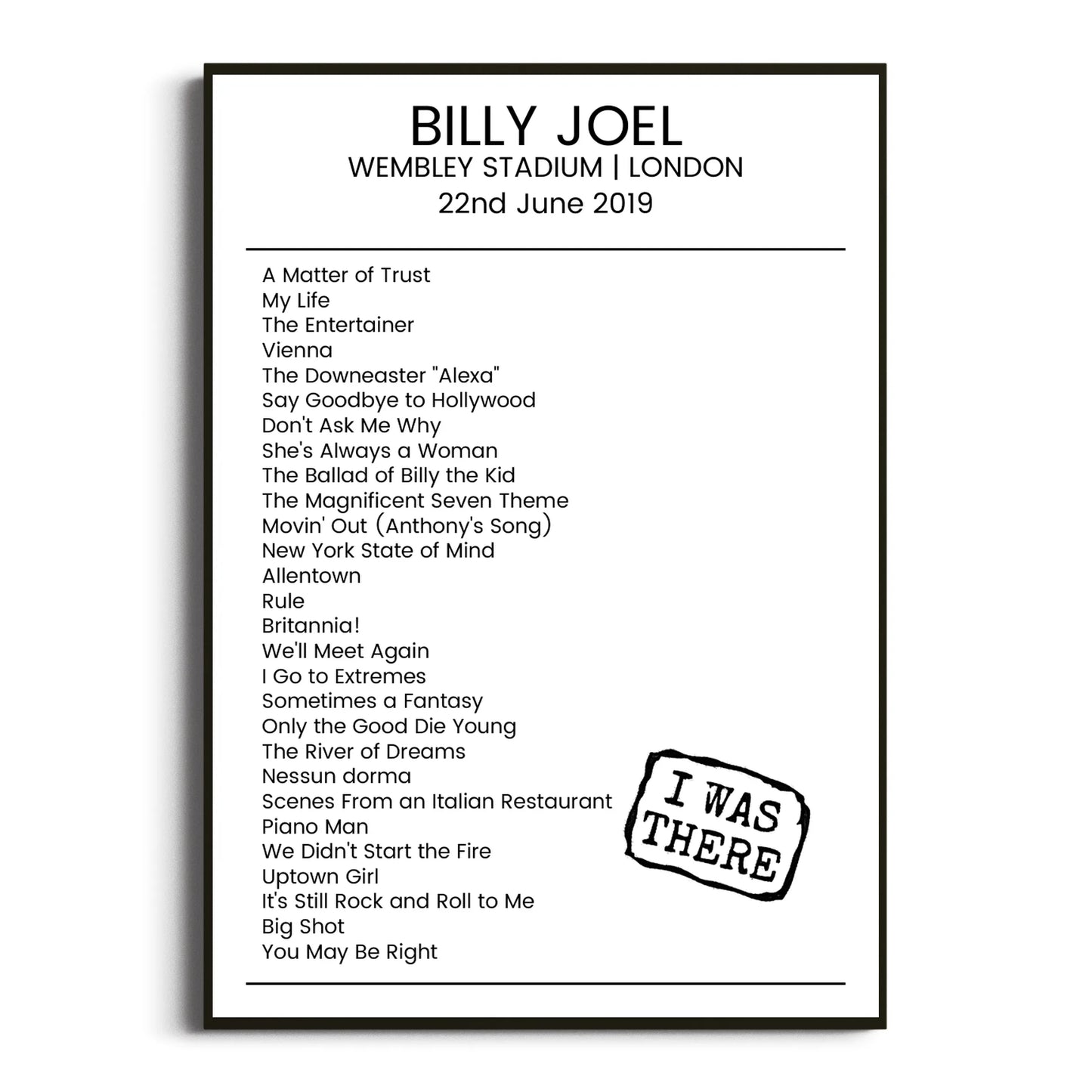 Billy Joel London 22 June 2019 Setlist Poster