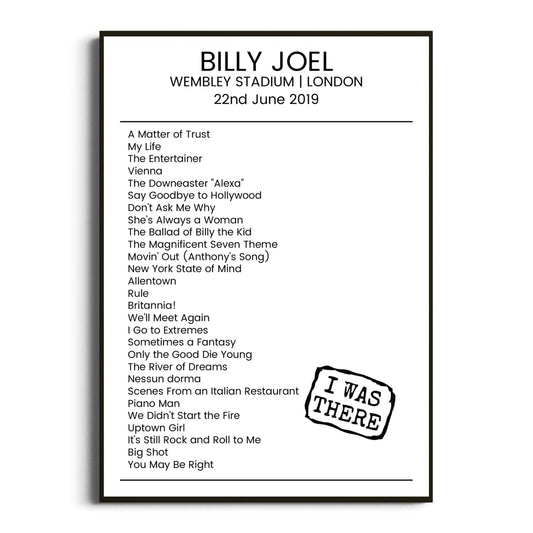 Billy Joel London 22 June 2019 Setlist Poster