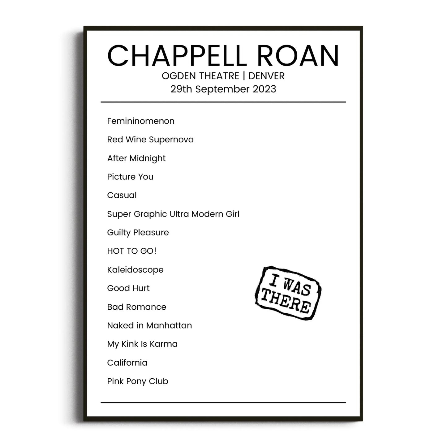 Chappell Roan Denver 29 September 2023 Setlist Poster