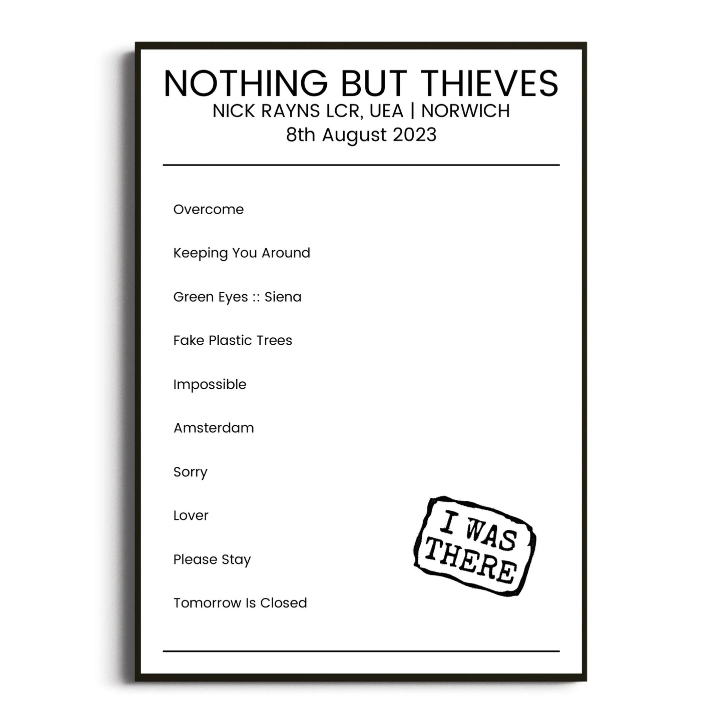 Nothing But Thieves Norwich 08 August 2023 Setlist Poster