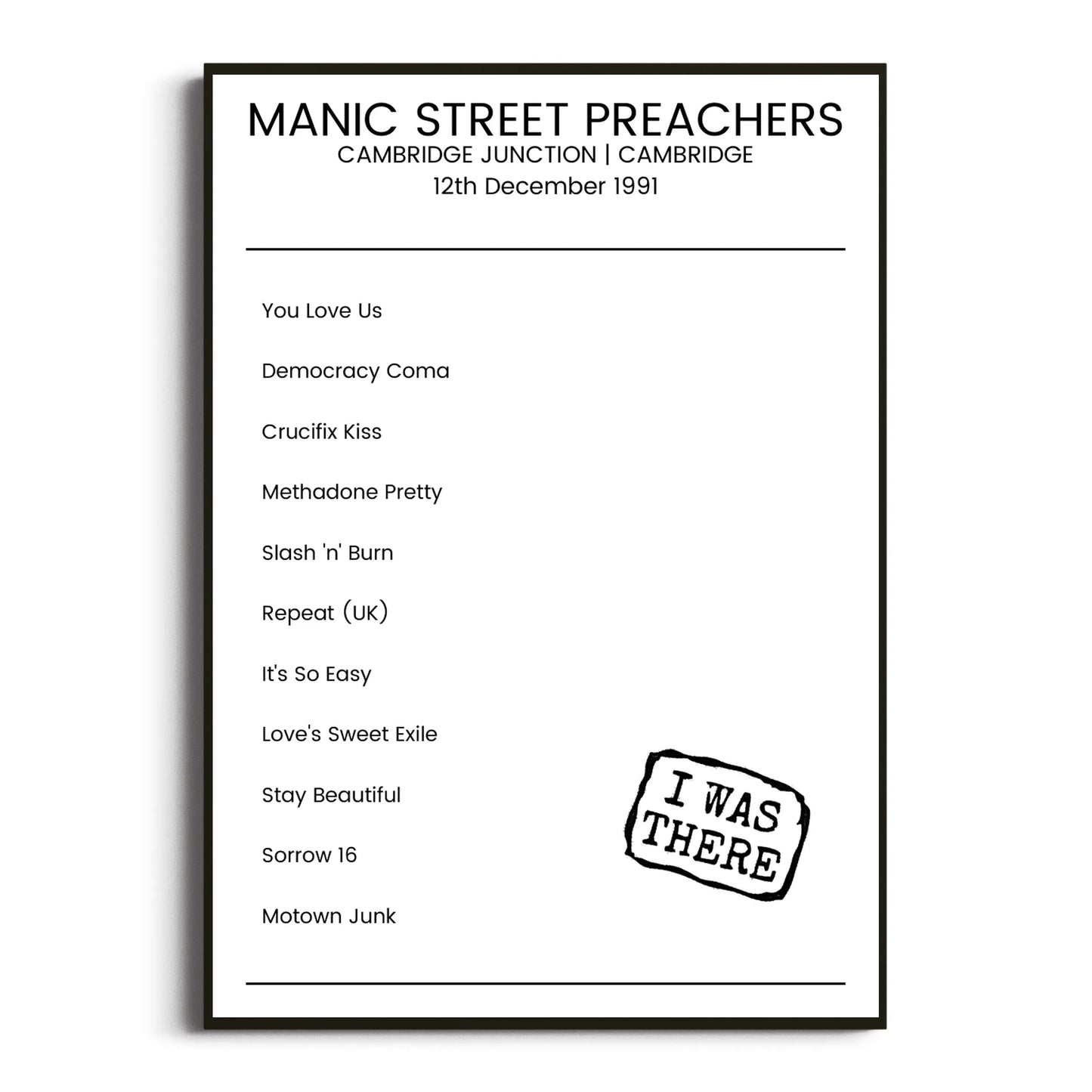 Manic Street Preachers Cambridge 12 December 1991 Setlist Poster