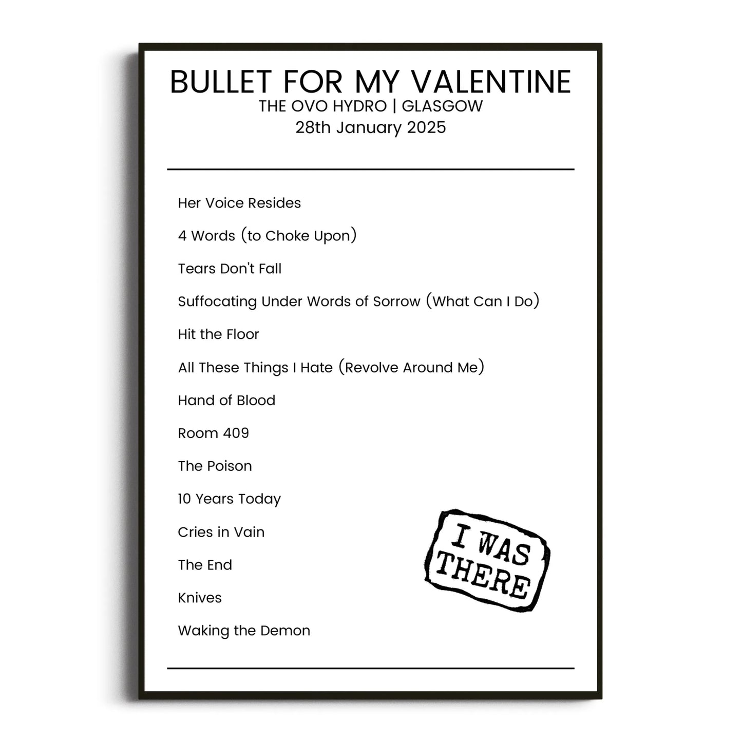 Bullet for My Valentine Glasgow 28 January 2025 Setlist Poster