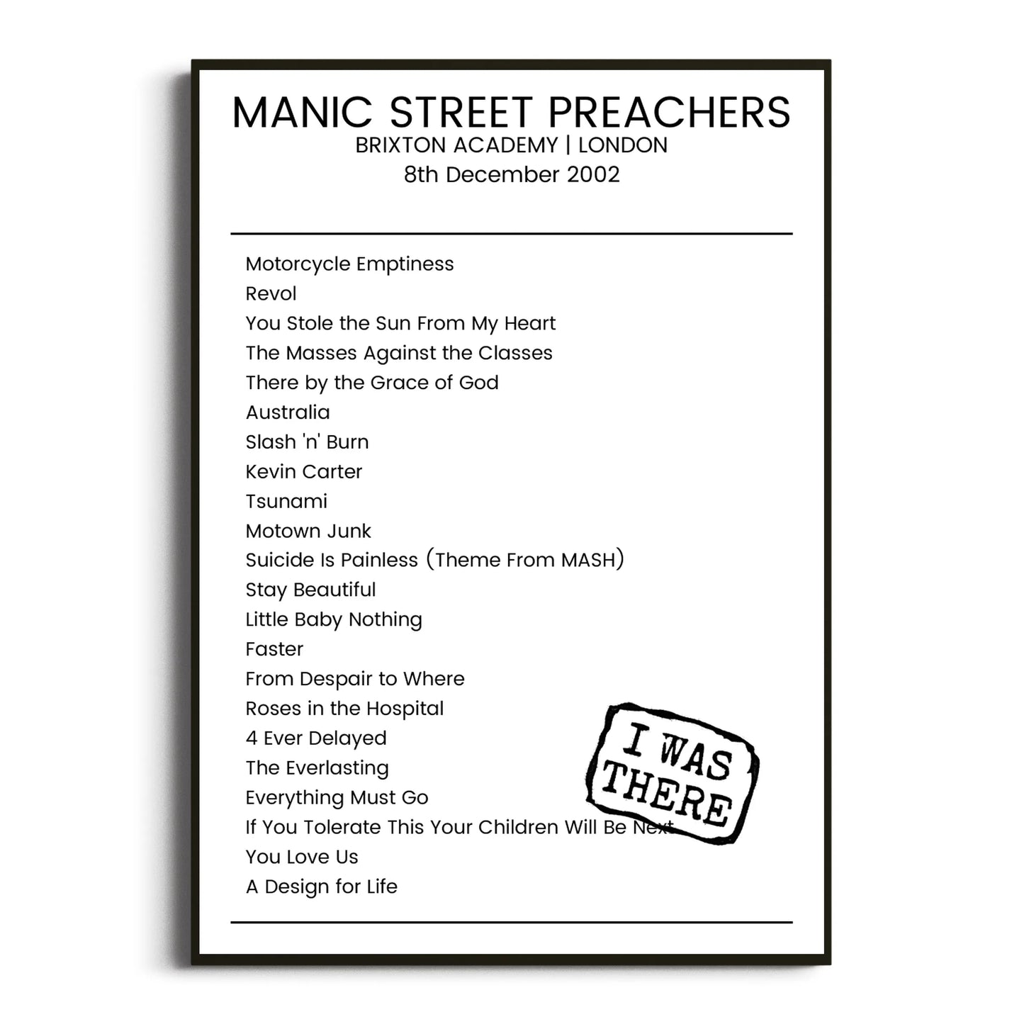 Manic Street Preachers London 08 December 2002 Setlist Poster