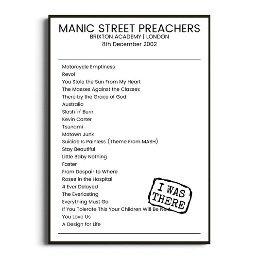 Manic Street Preachers London 08 December 2002 Setlist Poster