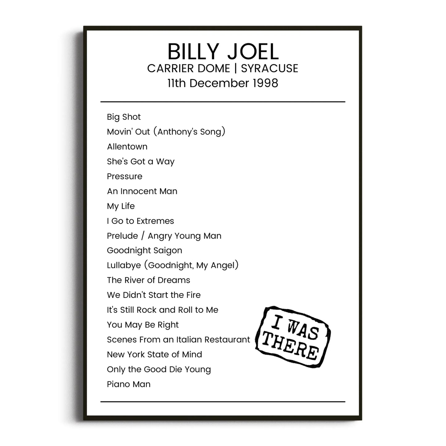 Billy Joel Syracuse 11 December 1998 Setlist Poster