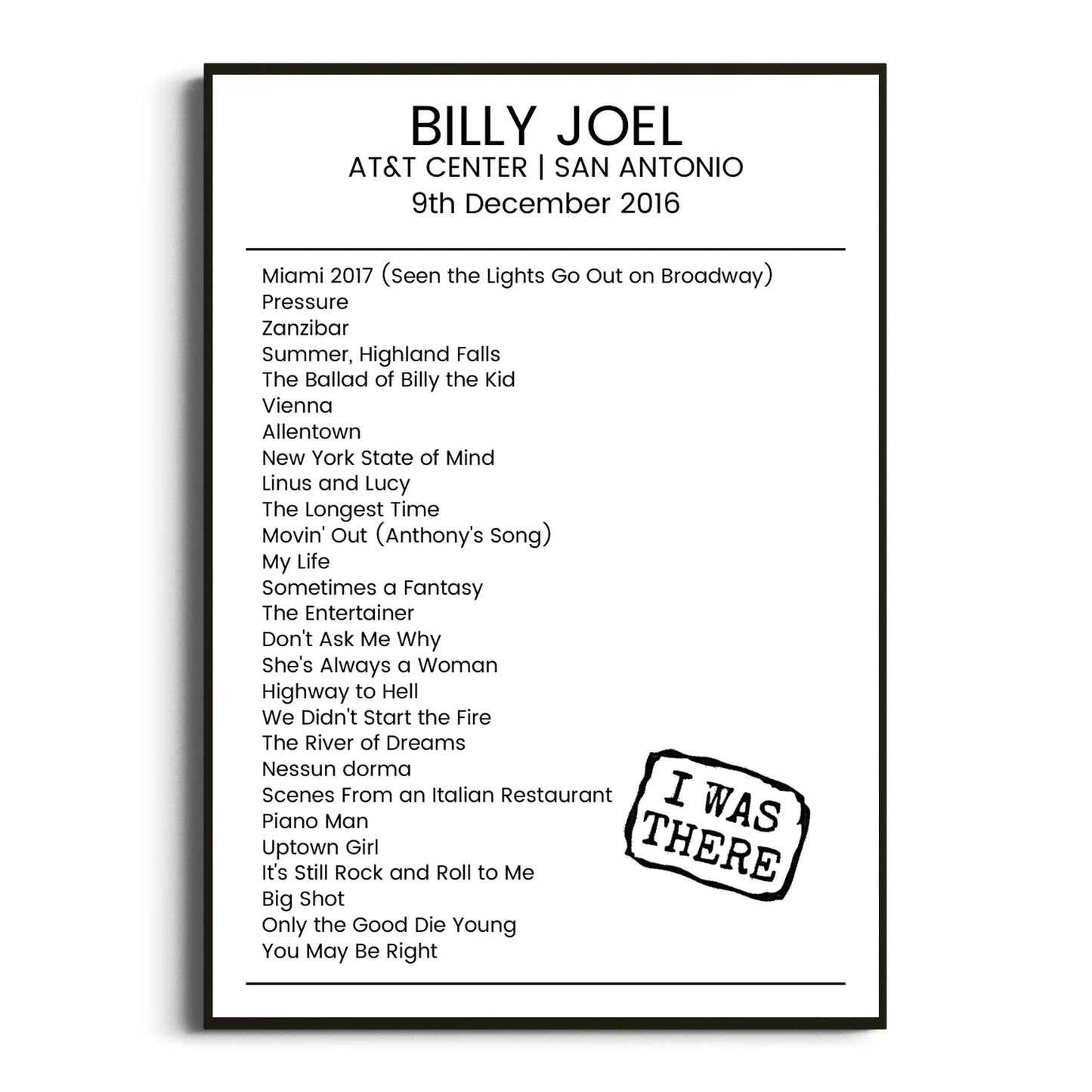 Billy Joel San Antonio 09 December 2016 Setlist Poster