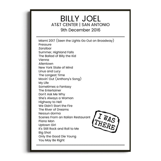 Billy Joel San Antonio 09 December 2016 Setlist Poster