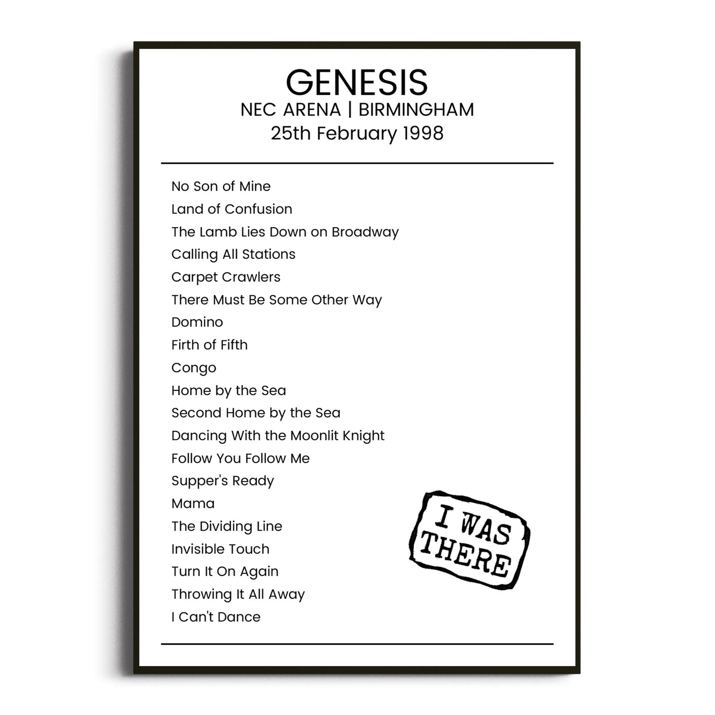 Genesis Birmingham 25 February 1998 Setlist Poster