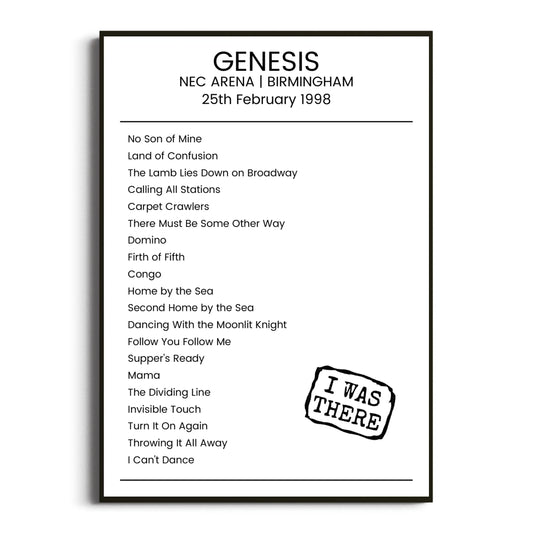 Genesis Birmingham 25 February 1998 Setlist Poster