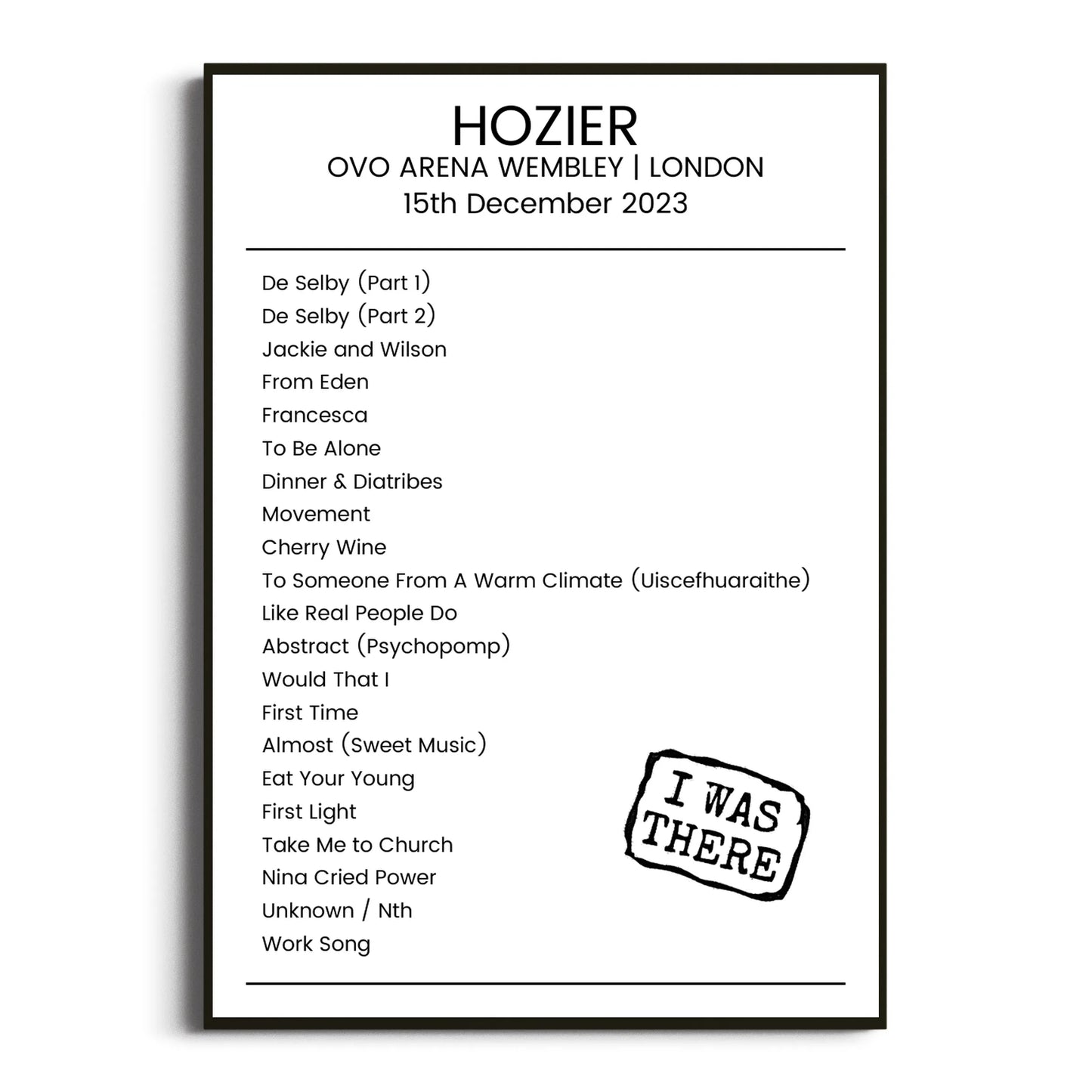 Hozier London 15 December 2023 Setlist Poster