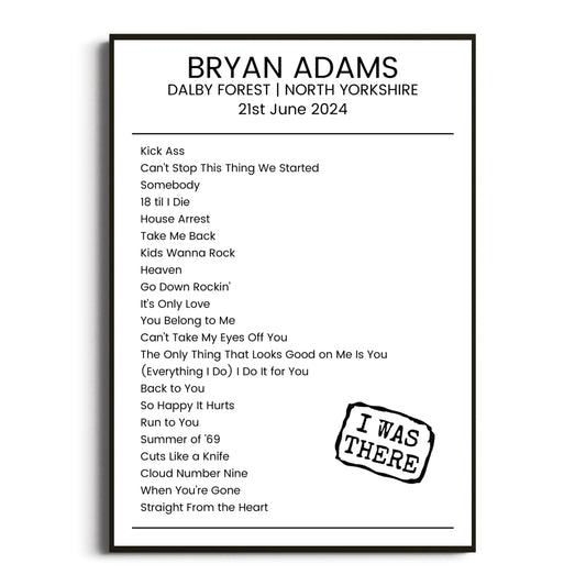 Bryan Adams North Yorkshire 21 June 2024 Setlist Poster