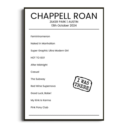 Chappell Roan Austin 13 October 2024 Setlist Poster