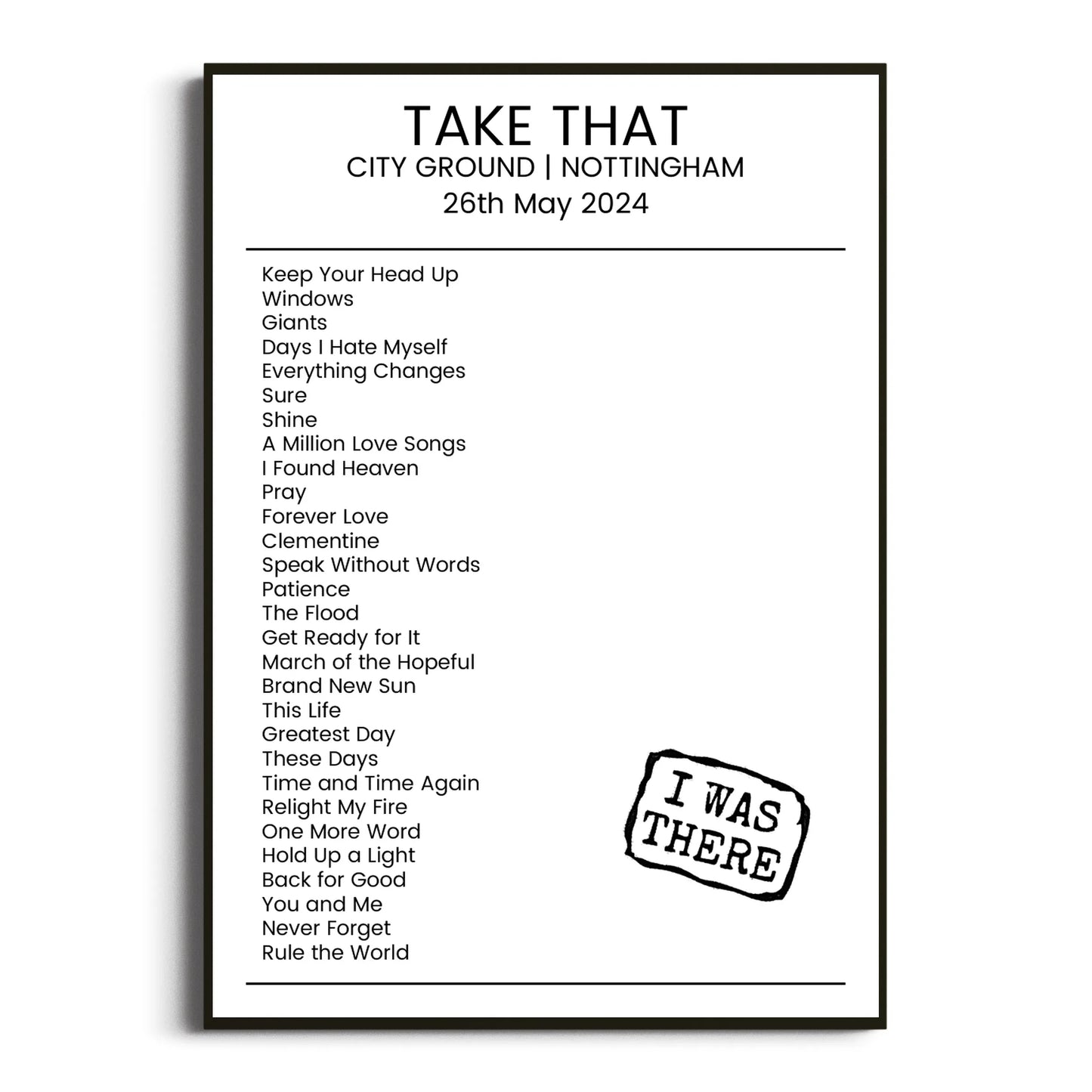 Take That Nottingham 26 May 2024 Setlist Poster