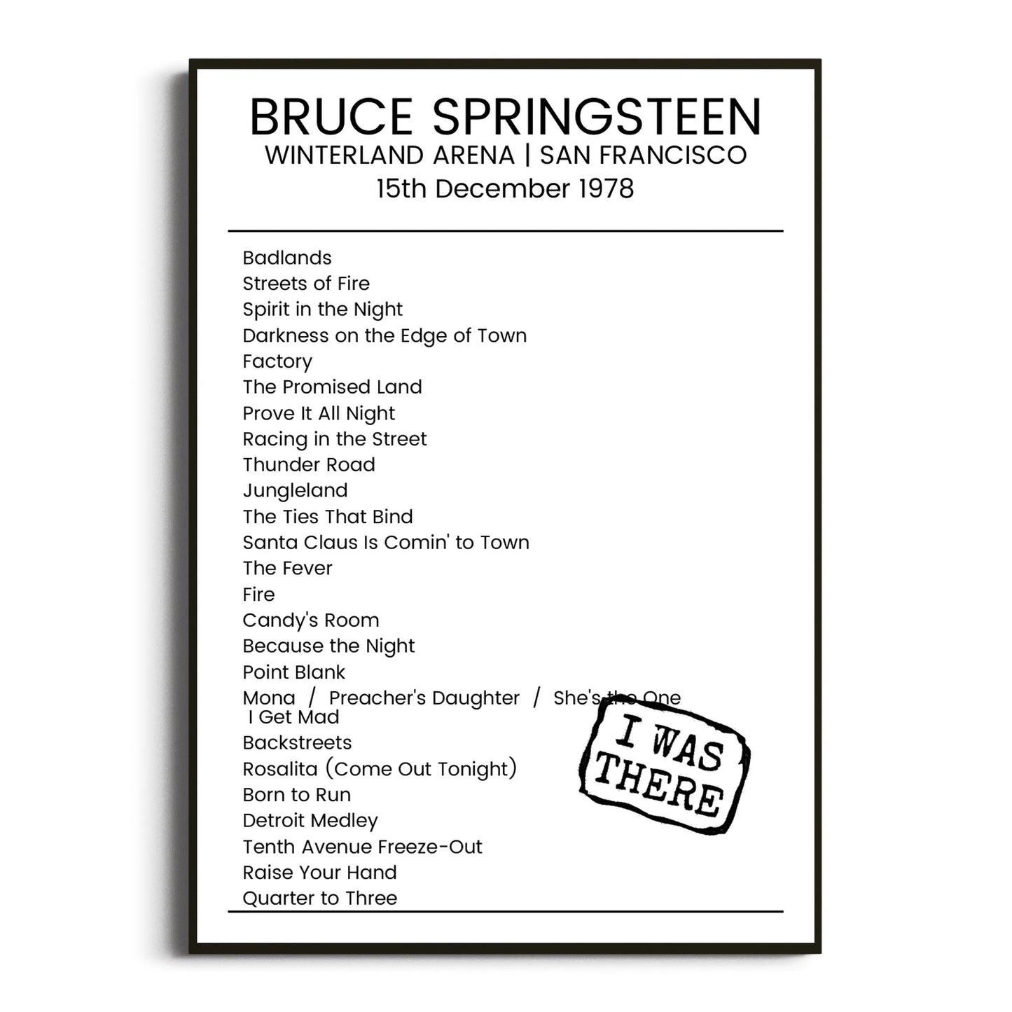 Bruce Springsteen San Francisco 15 December 1978 Setlist Poster