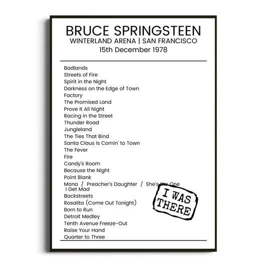 Bruce Springsteen San Francisco 15 December 1978 Setlist Poster