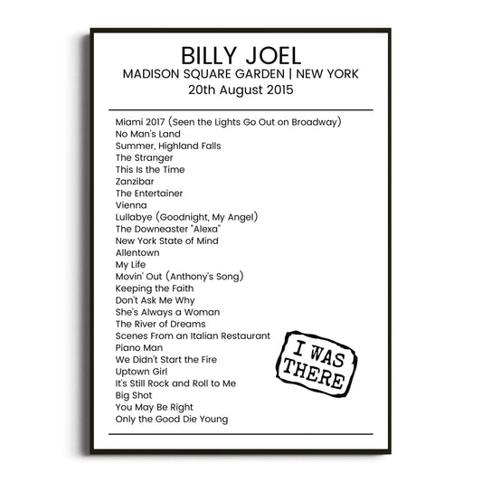 Billy Joel New York 20 August 2015 Setlist Poster