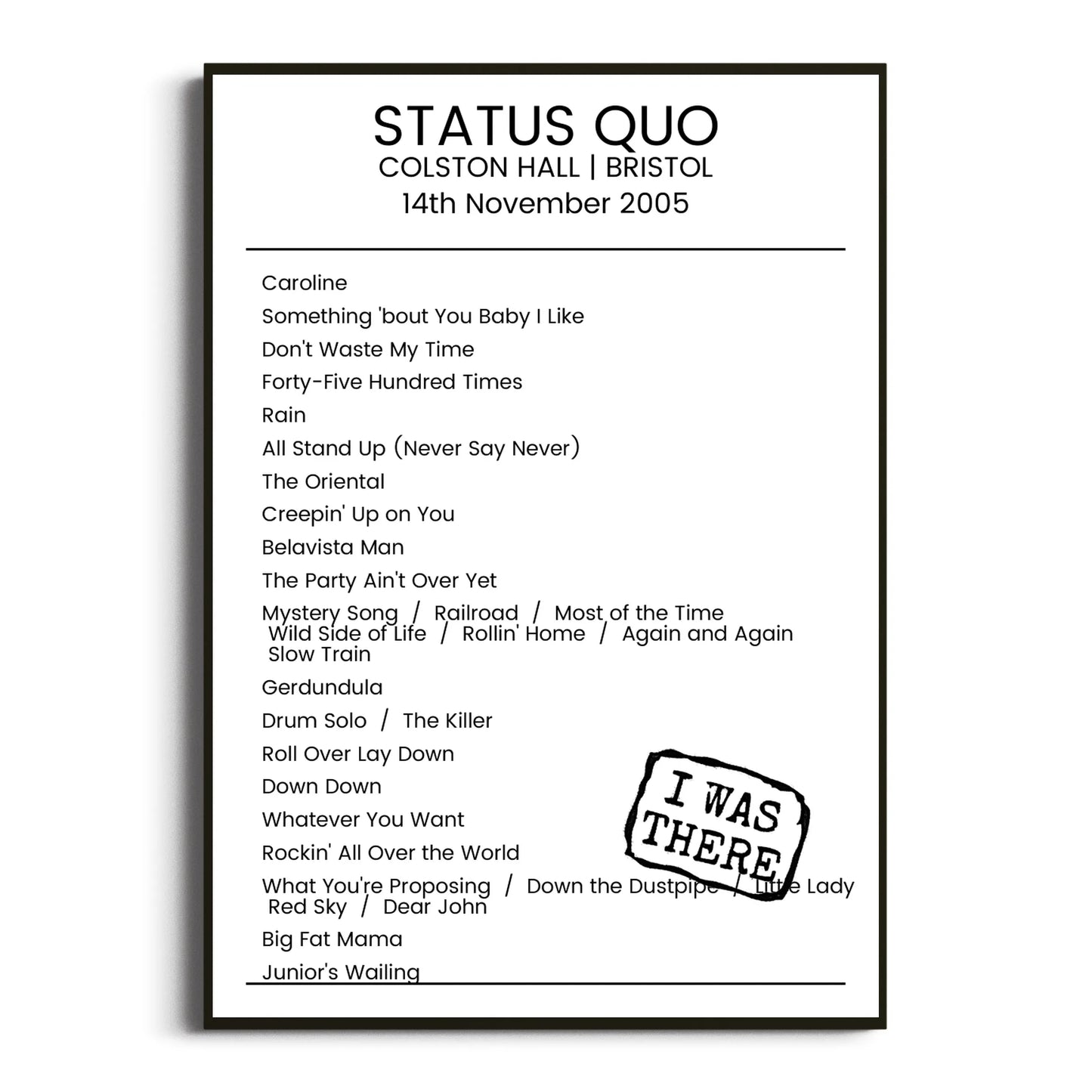 Status Quo Bristol 14 November 2005 Setlist Poster