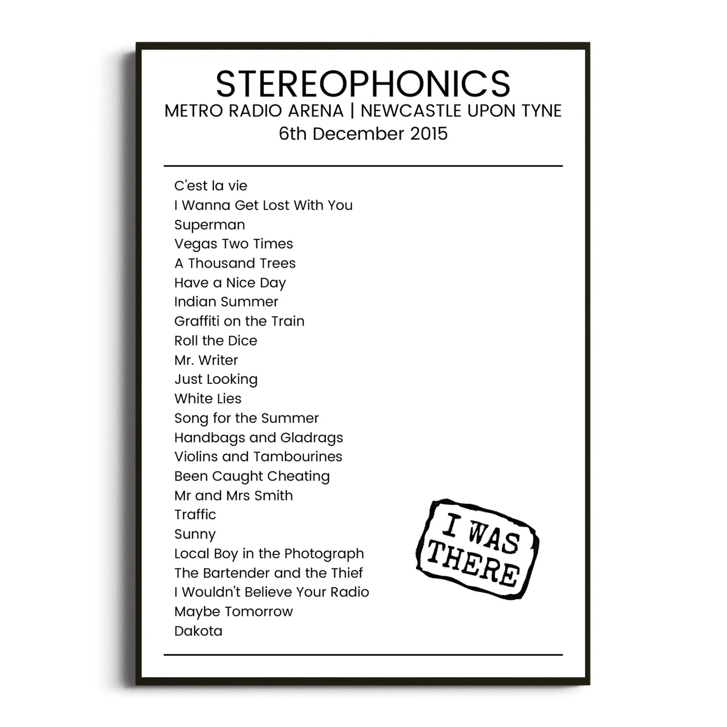 Stereophonics Newcastle upon Tyne 06 December 2015 Setlist Poster