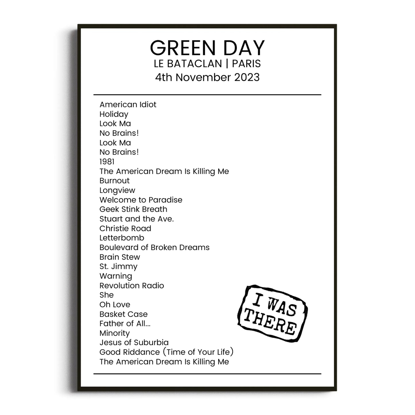 Green Day Paris 04 November 2023 Setlist Poster