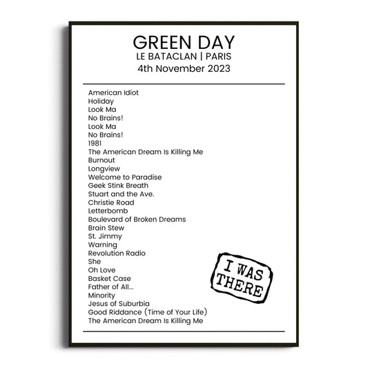 Green Day Paris 04 November 2023 Setlist Poster