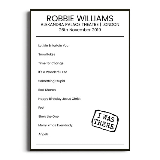 Robbie Williams London 26 November 2019 Setlist Poster