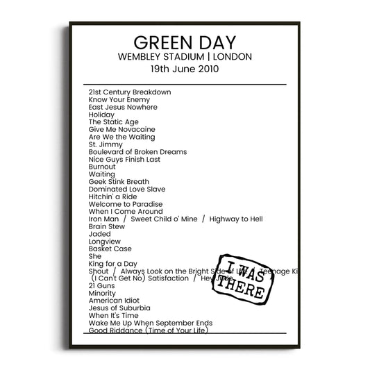 Green Day London 19 June 2010 Setlist Poster