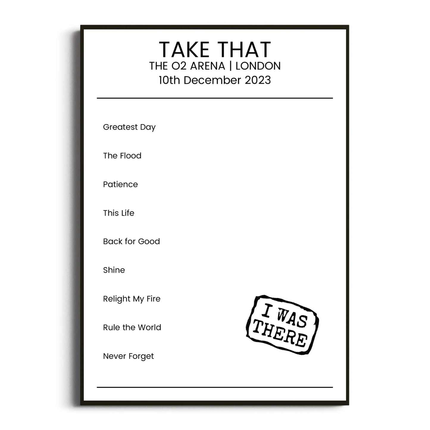 Take That London 10 December 2023 Setlist Poster