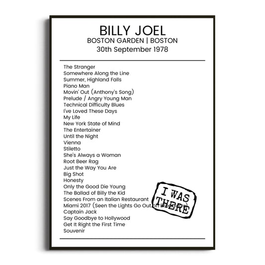 Billy Joel Boston 30 September 1978 Setlist Poster