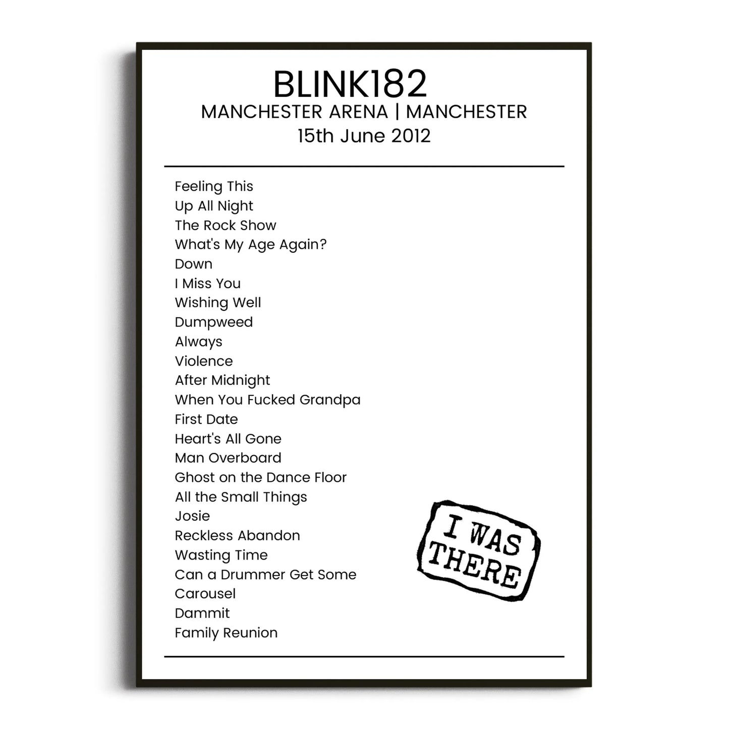 blink‐182 Manchester 15 June 2012 Setlist Poster