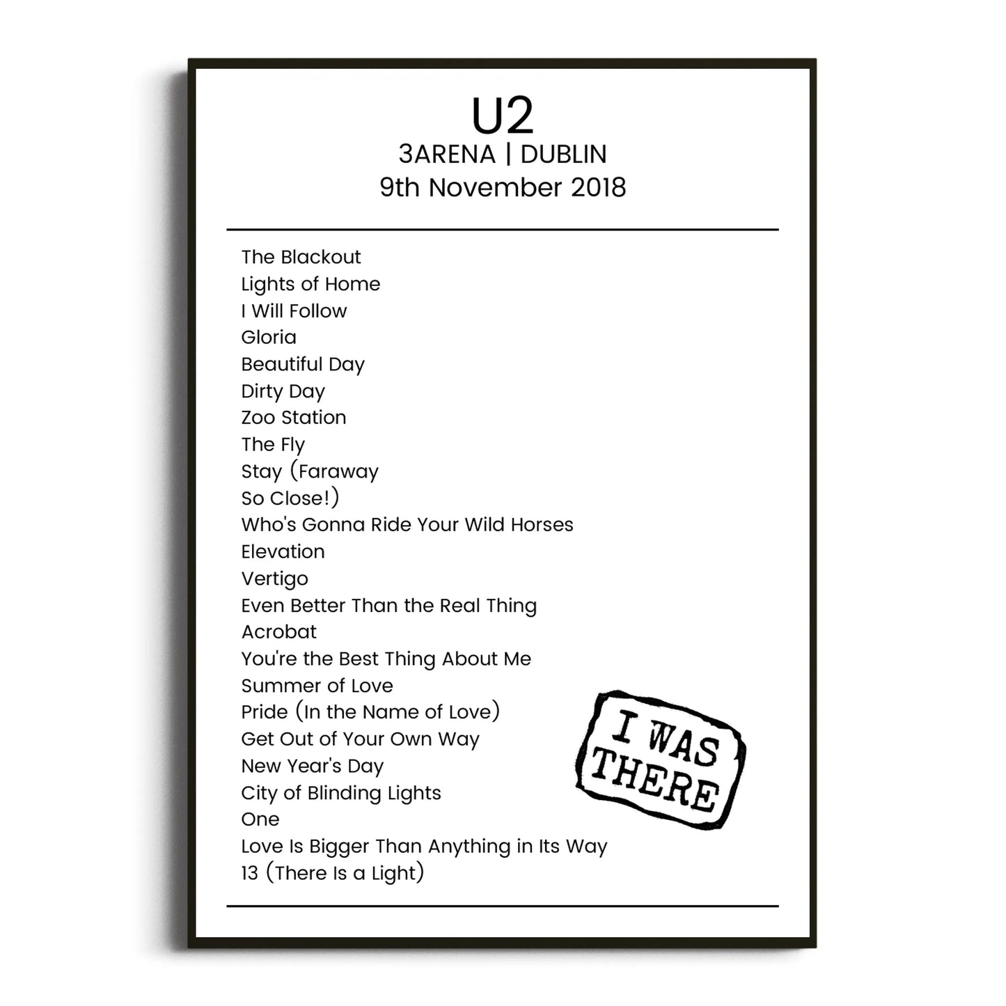 U2 Dublin 09 November 2018 Setlist Poster