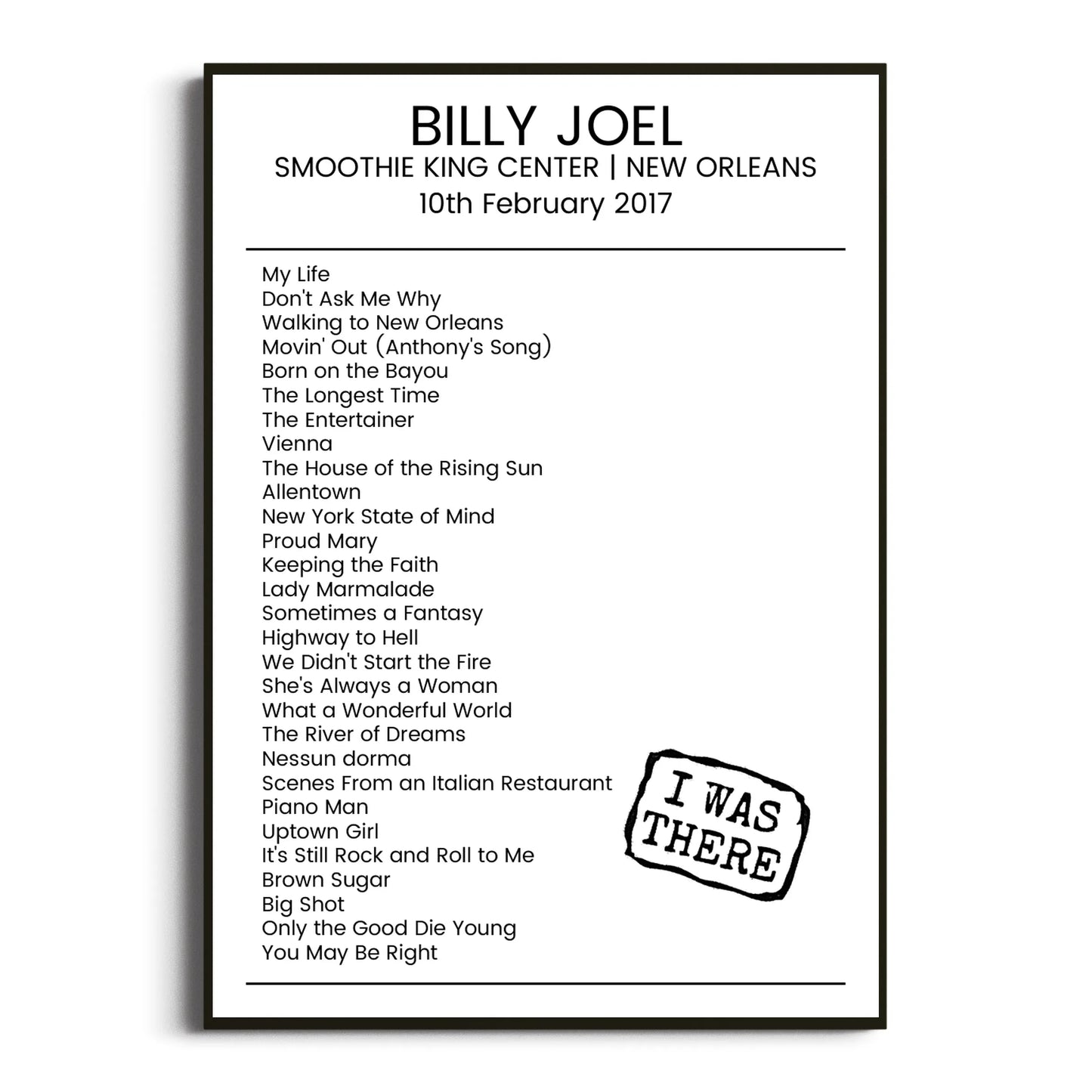 Billy Joel New Orleans 10 February 2017 Setlist Poster