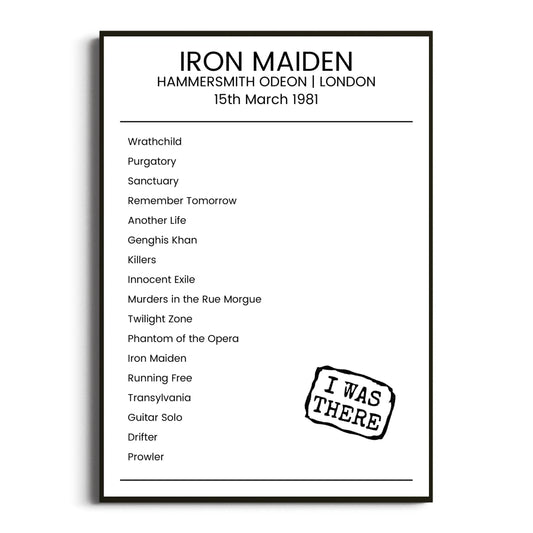 Iron Maiden London 15 March 1981 Setlist Poster