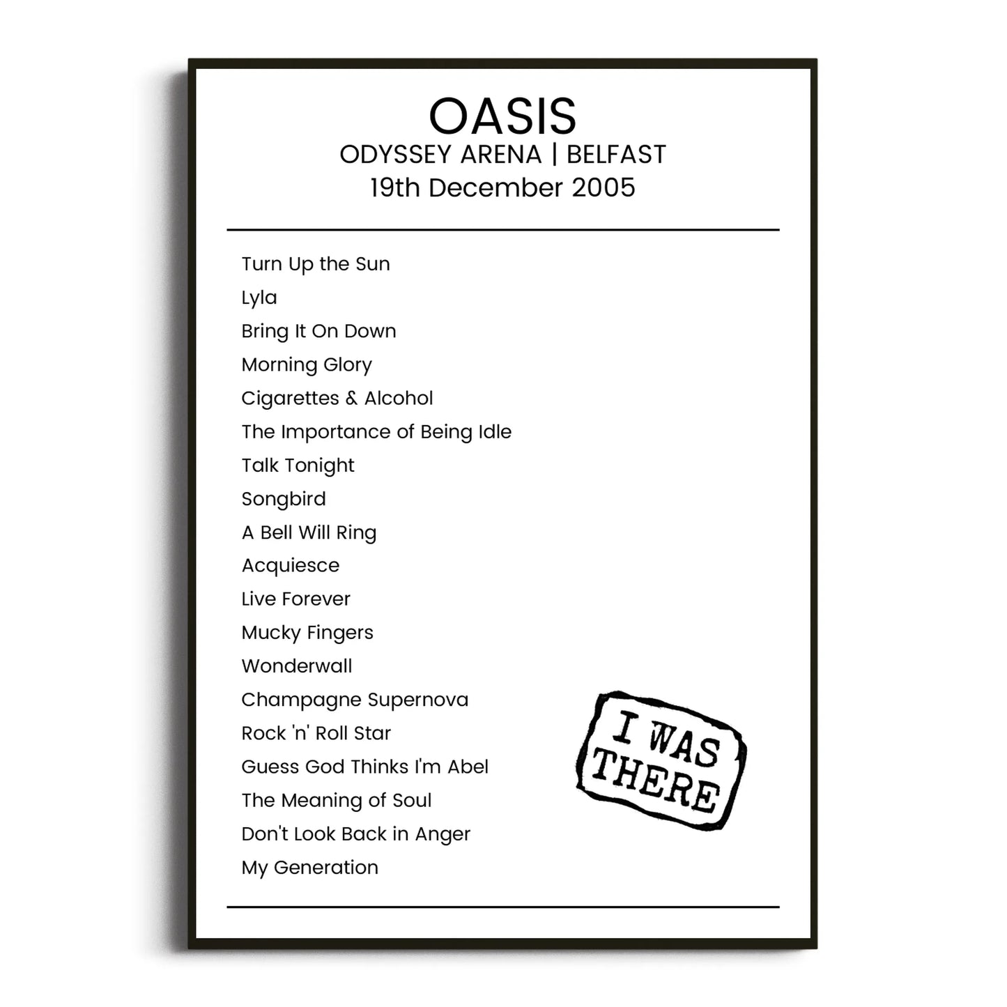 Oasis Belfast 19 December 2005 Setlist Poster