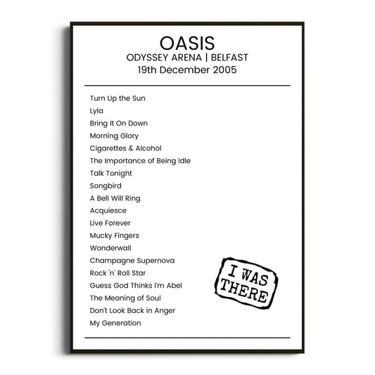 Oasis Belfast 19 December 2005 Setlist Poster