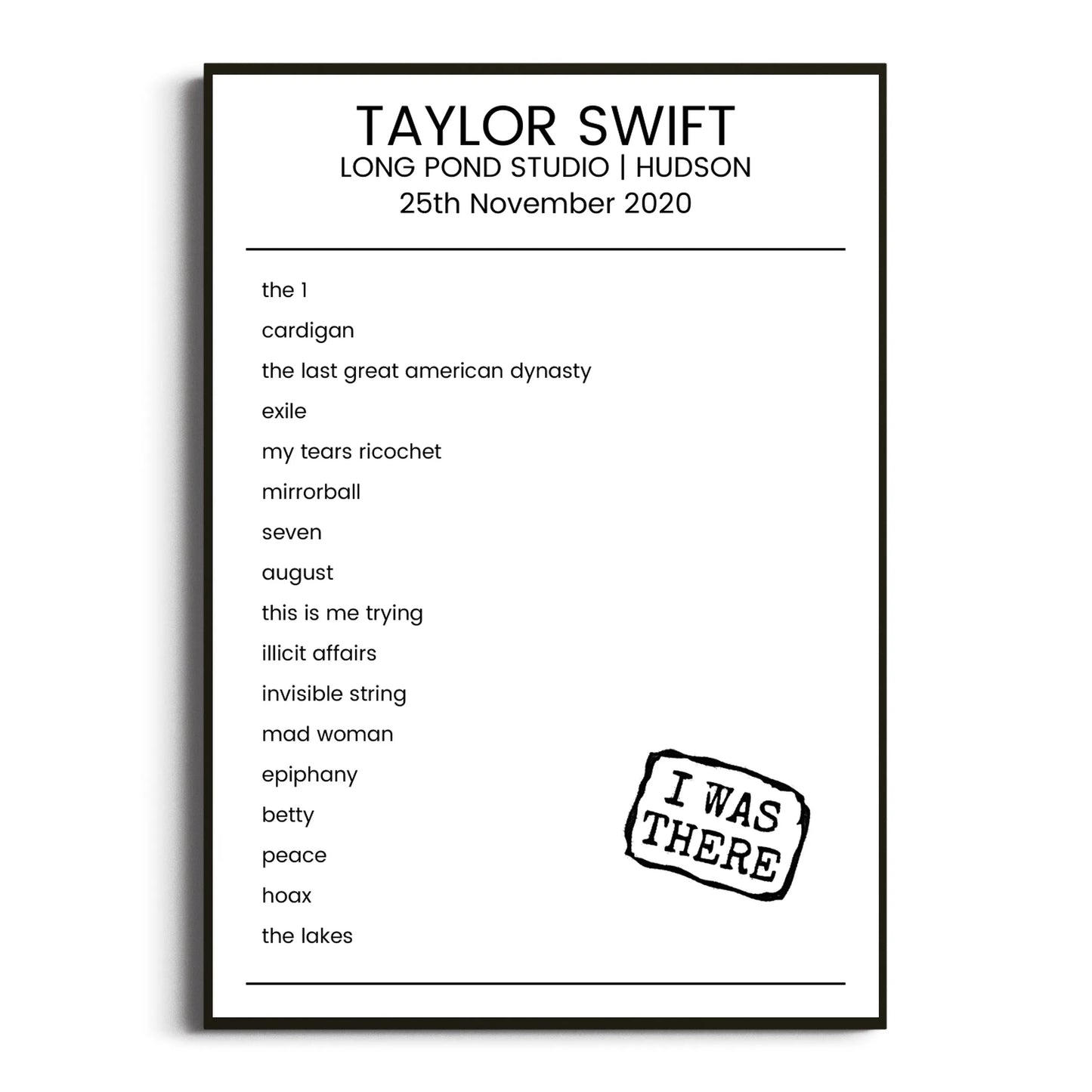 Taylor Swift Hudson 25 November 2020 Setlist Poster