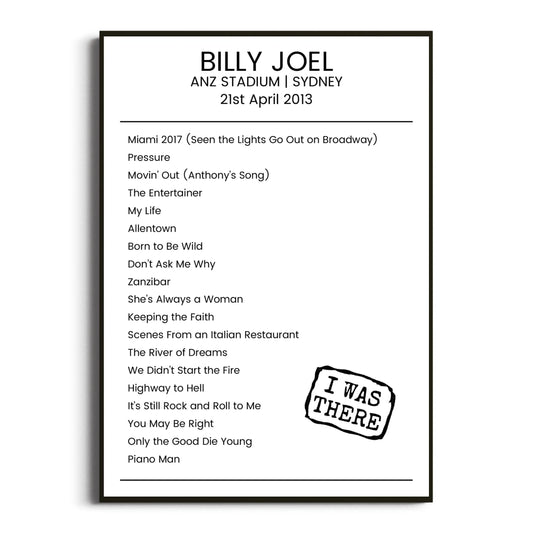 Billy Joel Sydney 21 April 2013 Setlist Poster