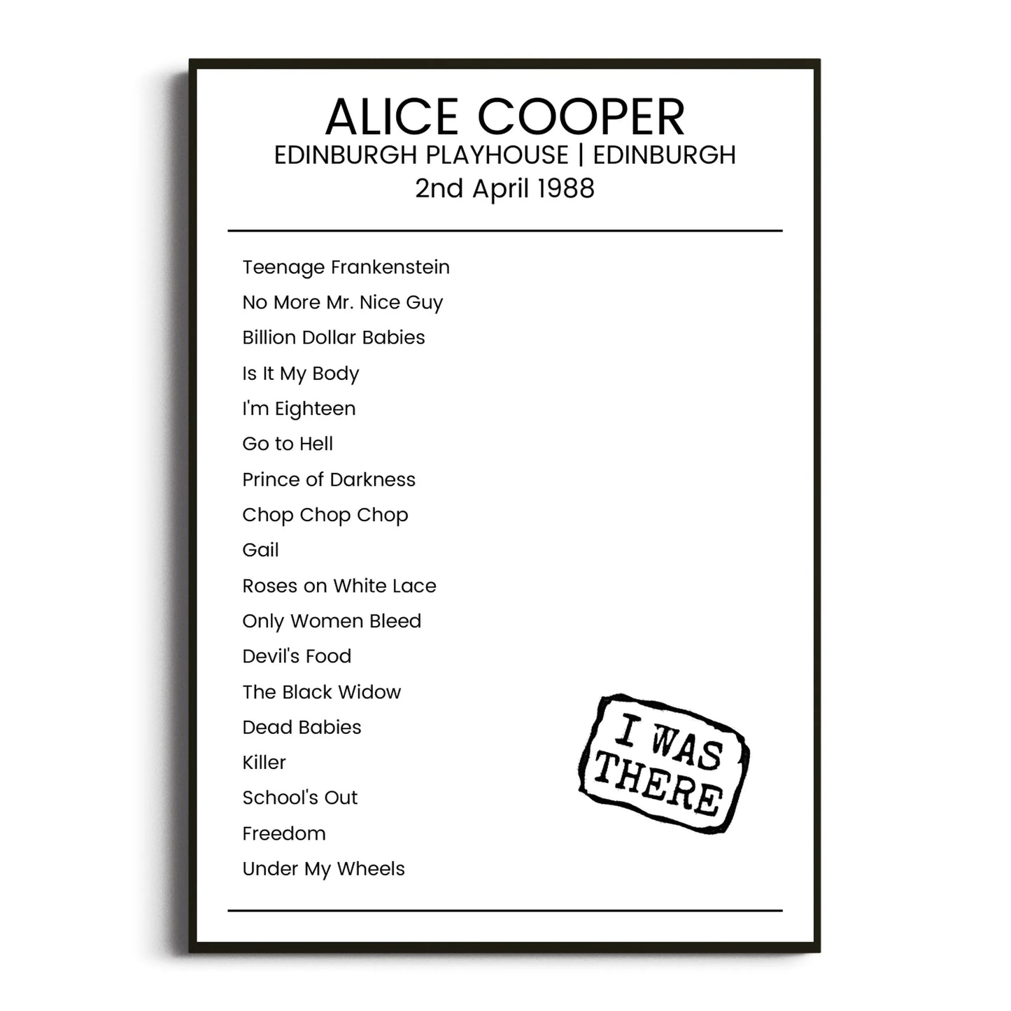 Alice Cooper Edinburgh 02 April 1988 Setlist Poster