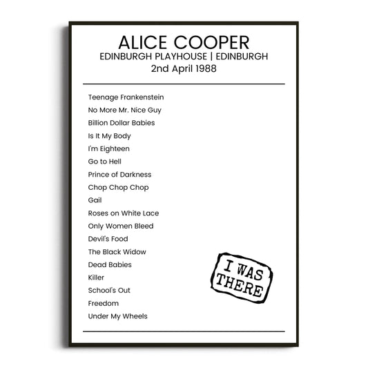 Alice Cooper Edinburgh 02 April 1988 Setlist Poster