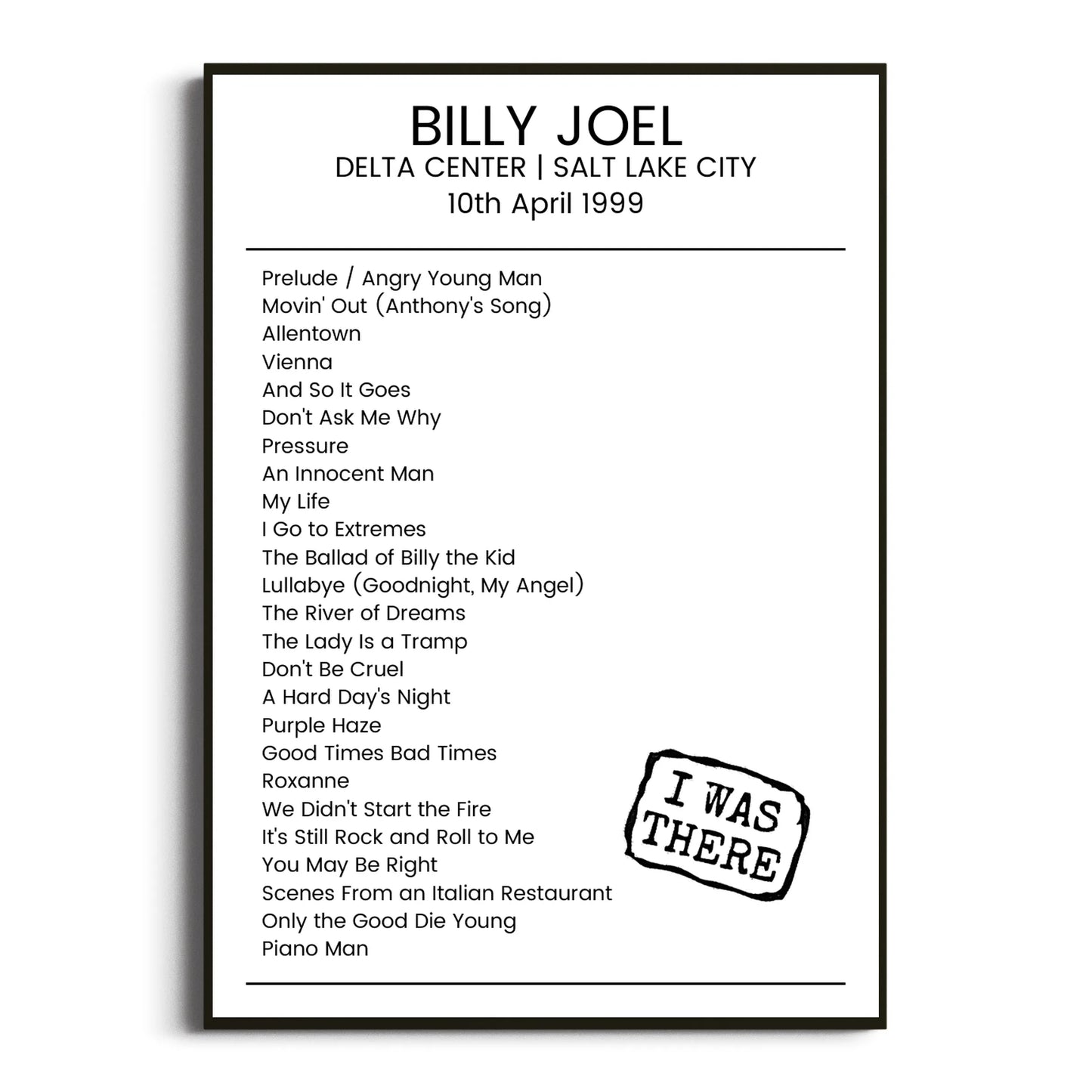 Billy Joel Salt Lake City 10 April 1999 Setlist Poster