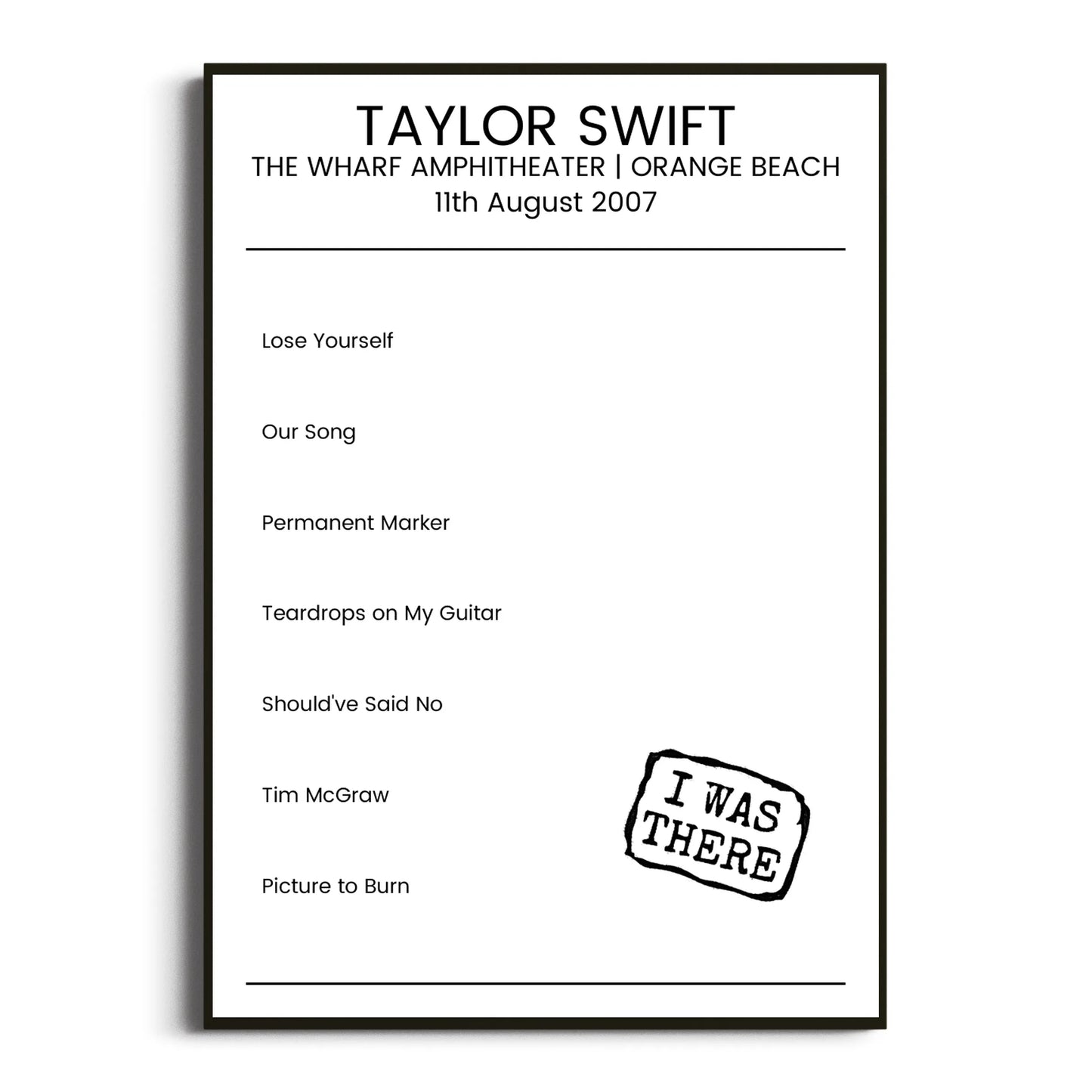 Taylor Swift Orange Beach 11 August 2007 Setlist Poster