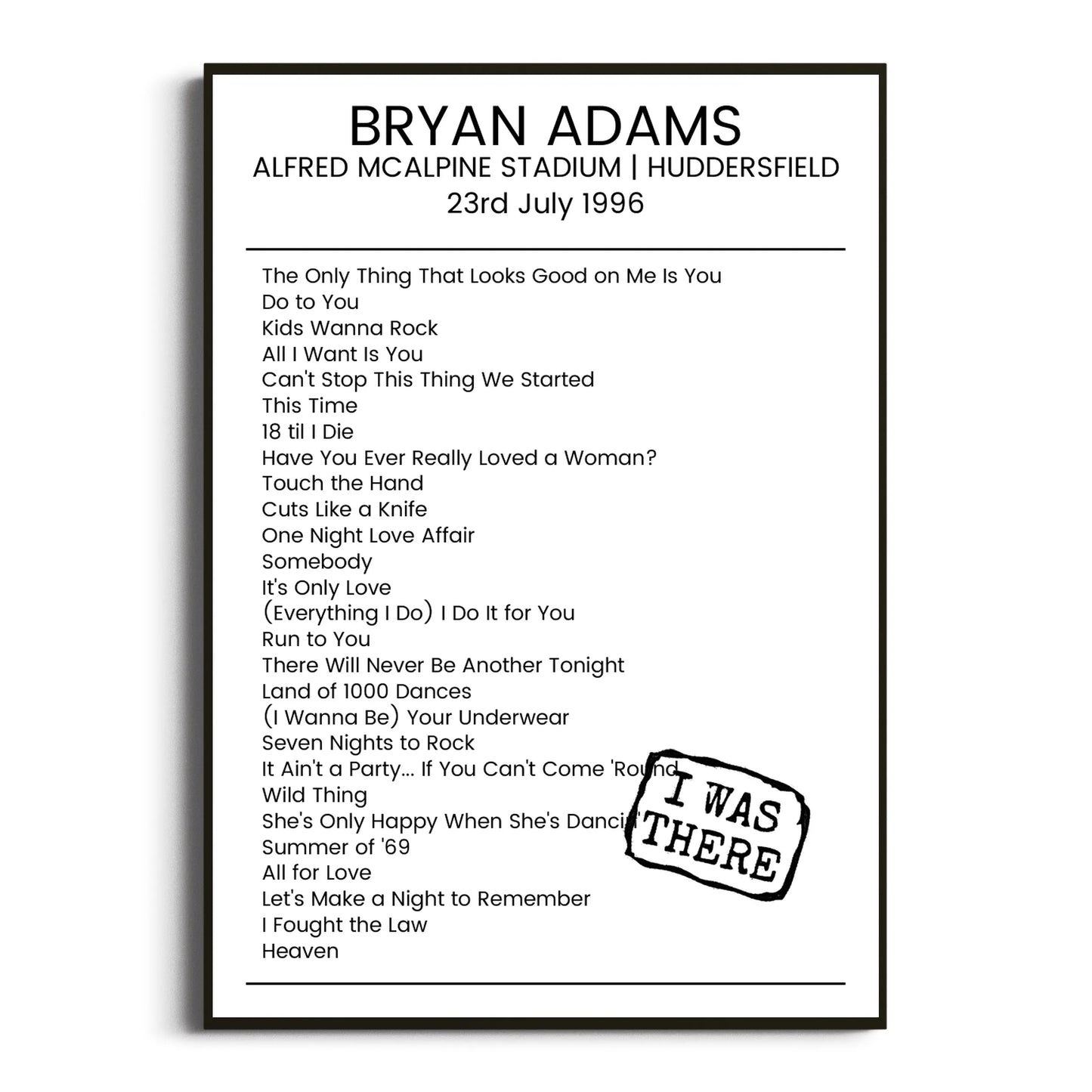 Bryan Adams Huddersfield 23 July 1996 Setlist Poster