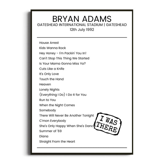 Bryan Adams Gateshead 12 July 1992 Setlist Poster