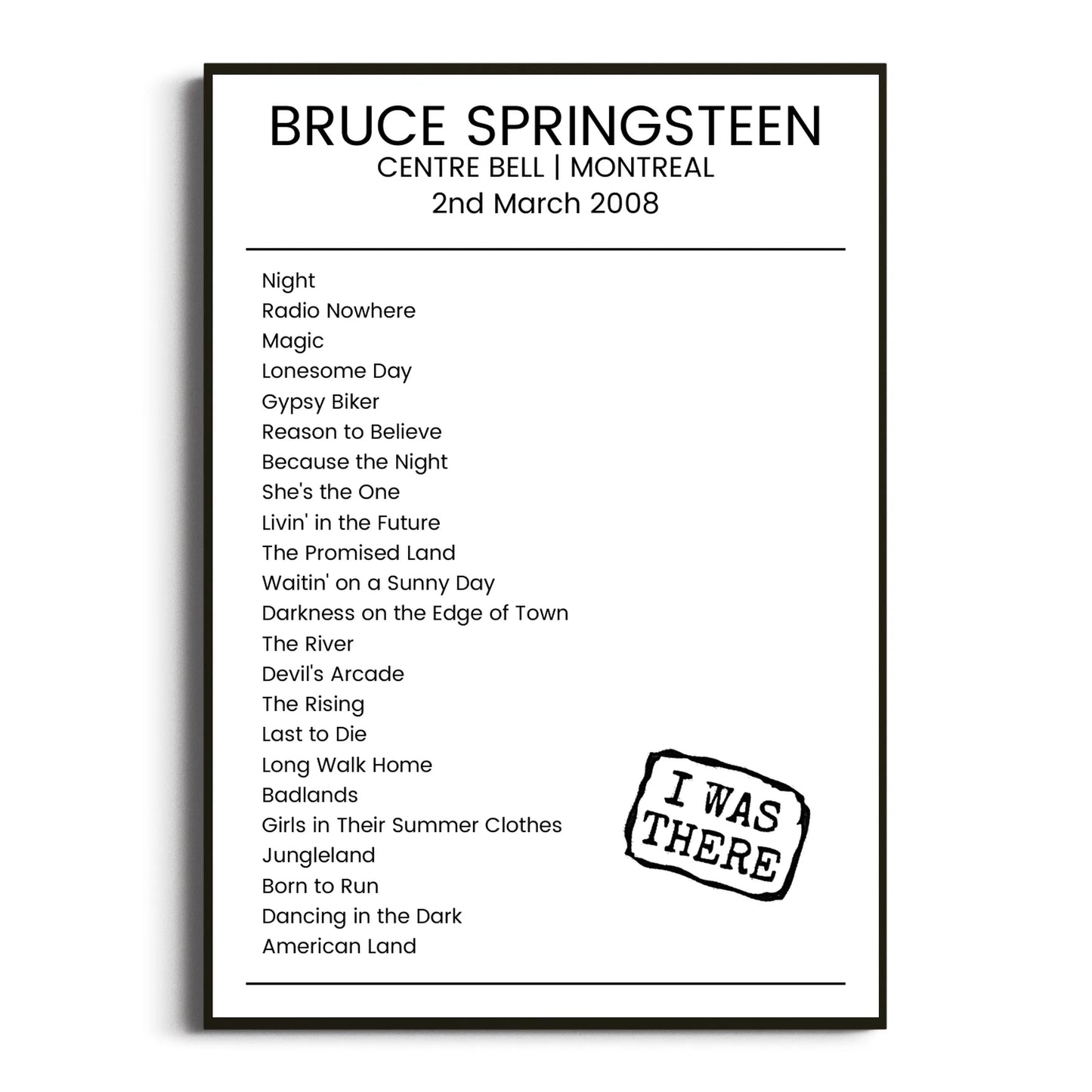 Bruce Springsteen Montreal 02 March 2008 Setlist Poster