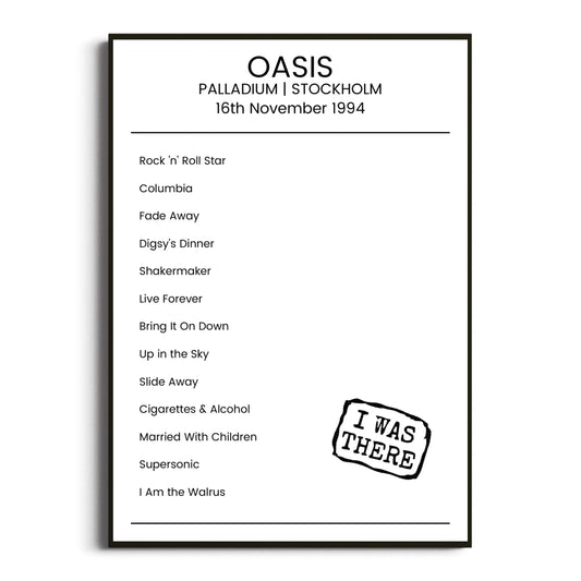 Oasis Stockholm 16 November 1994 Setlist Poster