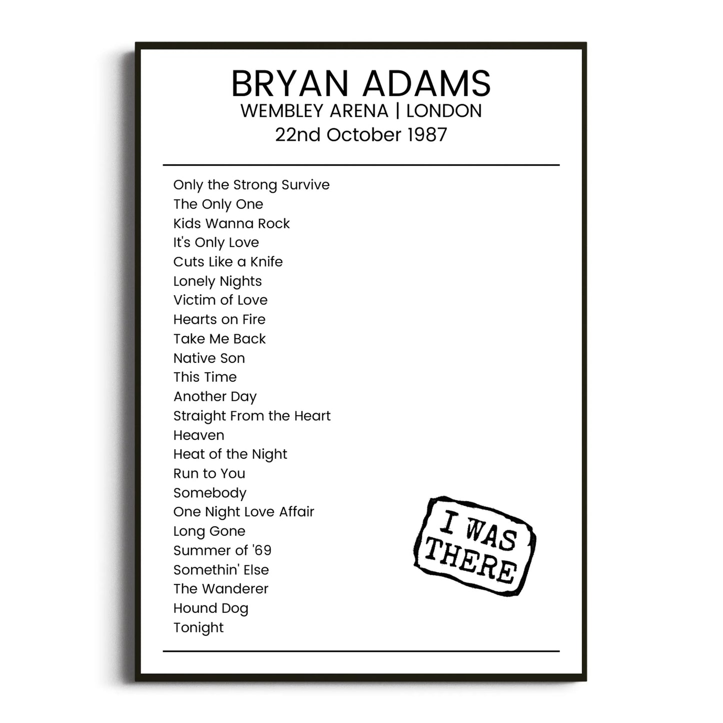 Bryan Adams London 22 October 1987 Setlist Poster