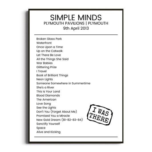 Simple Minds Plymouth 09 April 2013 Setlist Poster