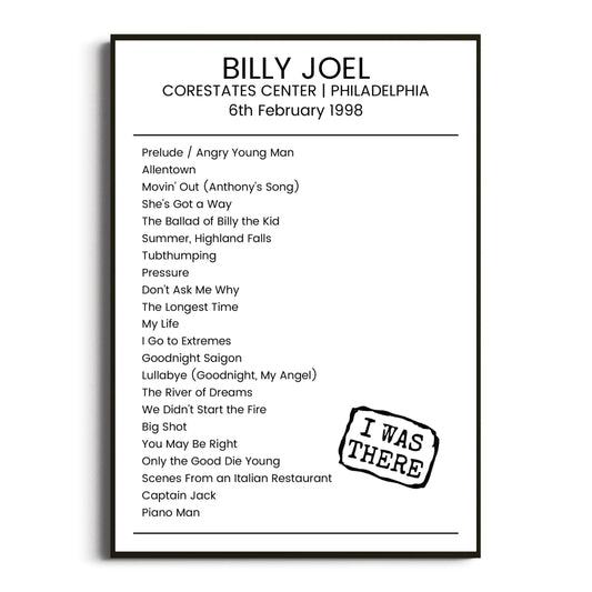 Billy Joel Philadelphia 06 February 1998 Setlist Poster