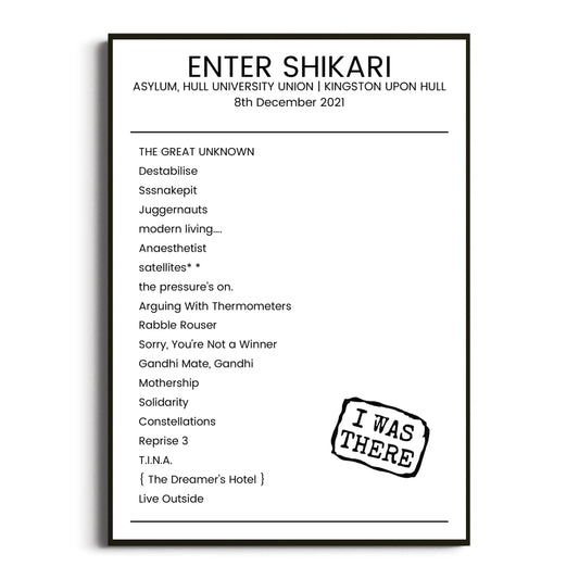 Enter Shikari Kingston upon Hull 08 December 2021 Setlist Poster