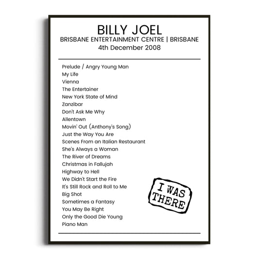 Billy Joel Brisbane 04 December 2008 Setlist Poster