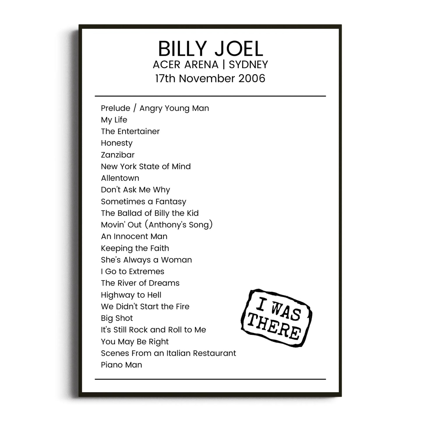 Billy Joel Sydney 17 November 2006 Setlist Poster